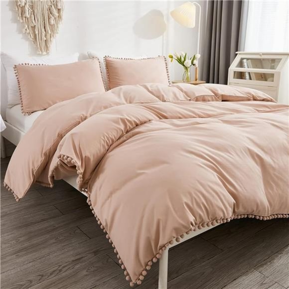 Pom Pom Fringe Duvet Cover Full Size (79x90 Inch), 3 Pieces (1 Solid Blush)